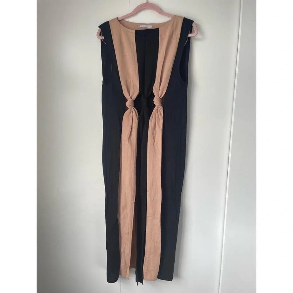 ZARA Sleeveless Black and Beige Striped Midi Dress with Front Rings size L - Picture 3 of 3